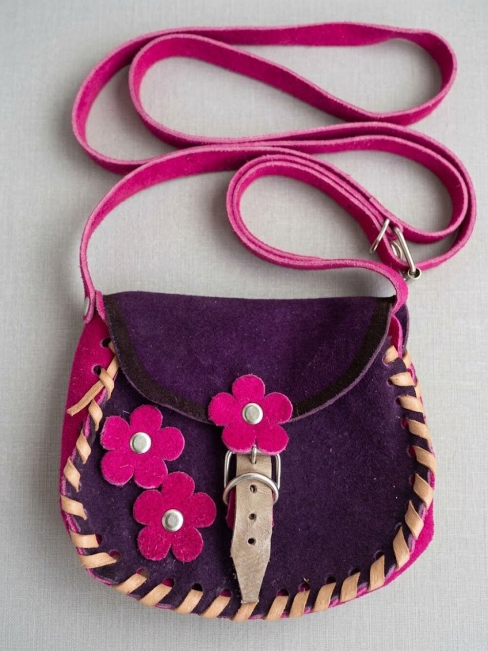 Genuine Suede Leather Mini Crossbody Bag Purple Magenta Pink Mexico Handmade